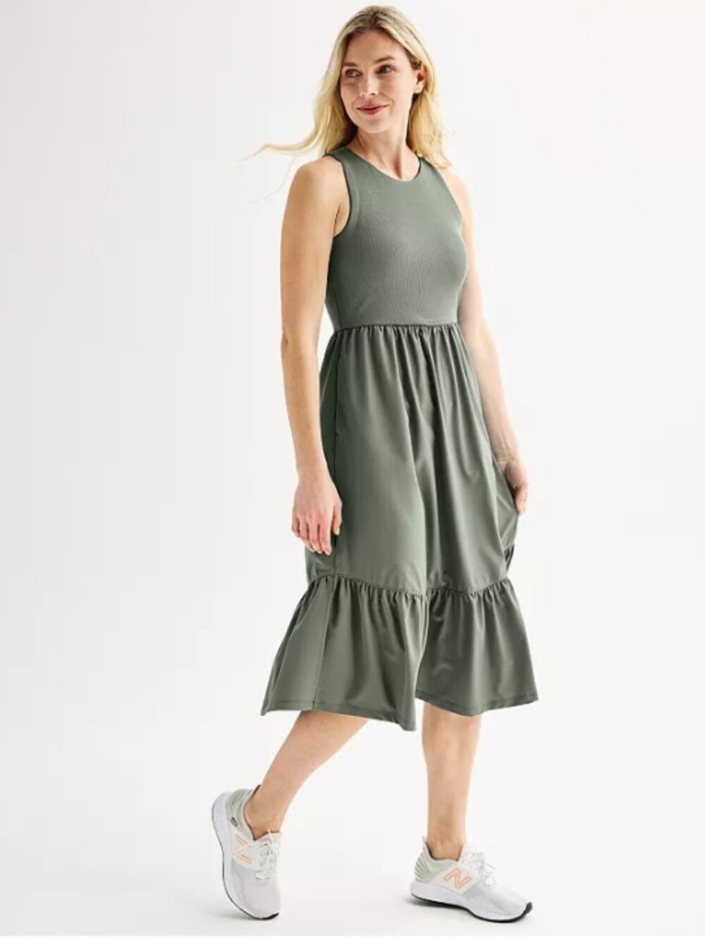 Tek Gear Stretch Rib Midi Dress Women's Size S Green Sleeveless Pockets Casual